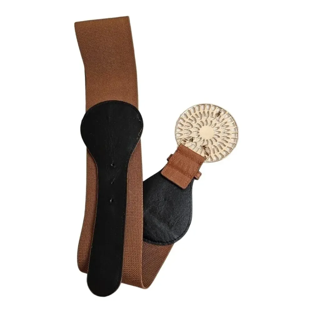Elastic Belt with Gold Toned Buckle and Faux Leather